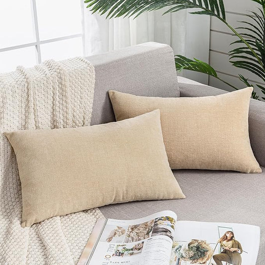 GAWAMAY Decorative Rectangle Throw Pillow Covers 12"x20" Inch Set of 2, Soft Chenille Fall Lumbar Support Pillow Cases for Living Room Bedroom Sofa Couch Cushion Cover Beige 30x50cm (No Inserts)