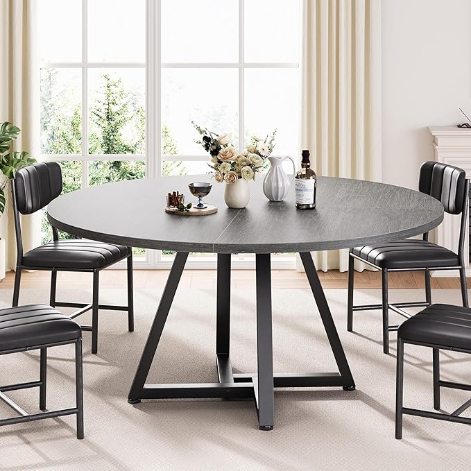 42“ Round Kitchen Dining Room Table for 2-4, Circle Dining Dinner Table with Pedestal Metal Frame, Space Saving Wood Industrial Furniture for Small Space (Black, 42IN)