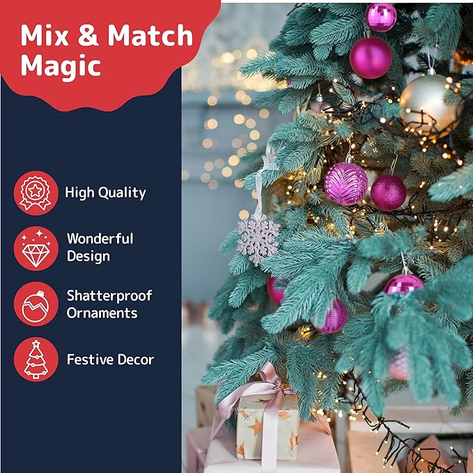 PREXTEX Pink Christmas Ornaments - 36-Piece Shatterproof Pink Christmas Tree Balls Set with Hanging Loops for Xmas Decorations - Durable Fuschia Holiday Balls in Matte, Shiny, Glitter and Disco