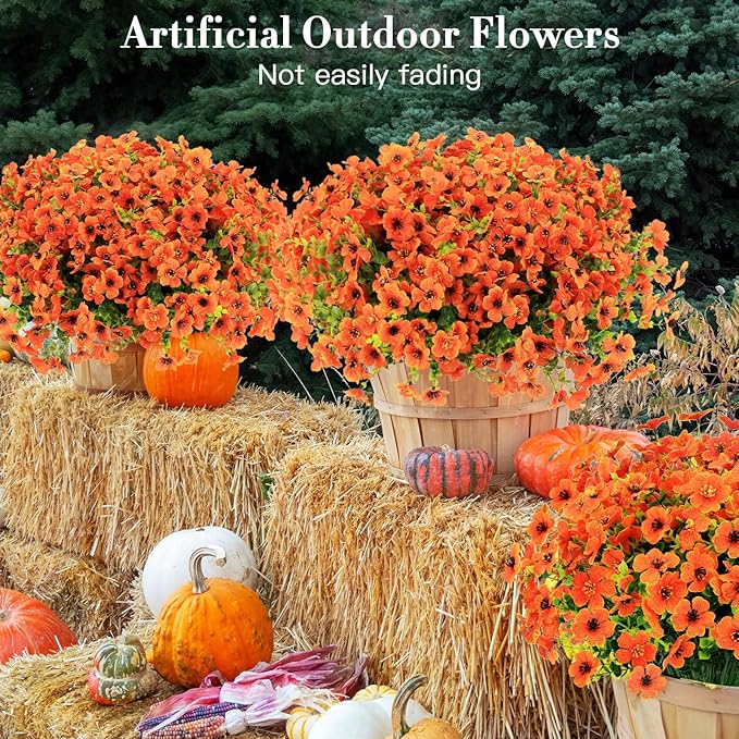 24 Bundles Fall Flowers Artificial for Decoration Outdoors, Fake Plants Autumn, Mums Daisy Eucalyptus Realistic UV Resistant for Garden Patio Porch Home Decor, Orange