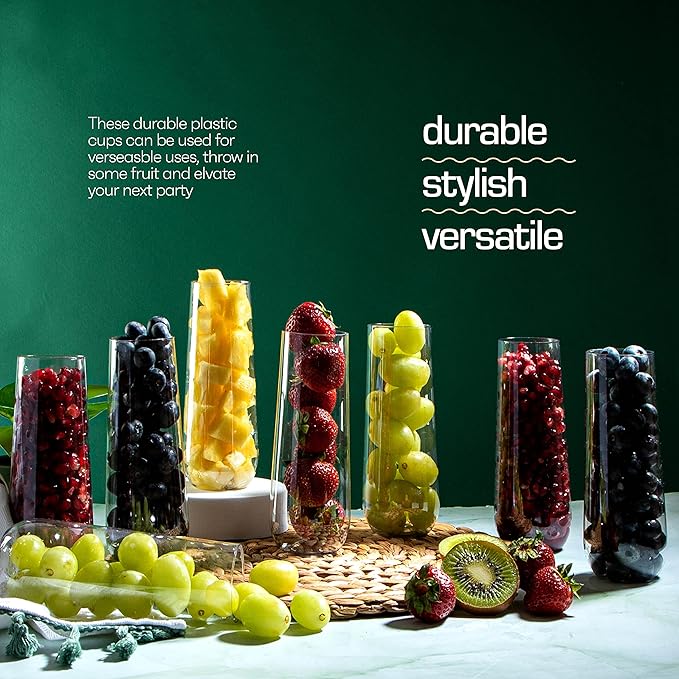 Clear Stemless Champagne Flutes Plastic 48 Pack - 9oz Plastic Champagne Glasses - Durable and Sturdy Mimosa Glasses For Parties - Shatterproof, Recyclable, BPA-Free, Smooth Rims.