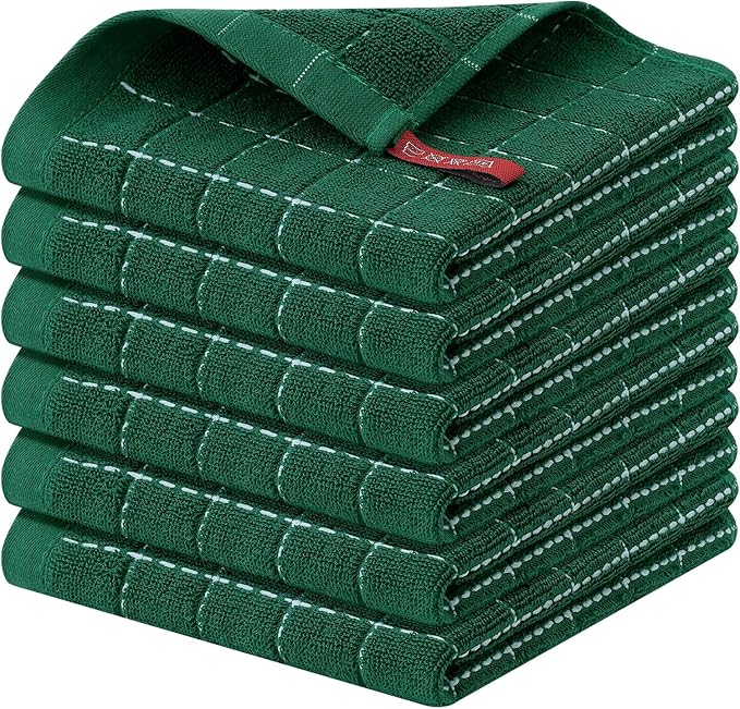 Homaxy 100% Cotton Terry Kitchen Dish Cloths, Ultra Soft and Absorbent Dish Towels for Kitchen, Perfect for Drying and Washing Dishes, 6 Pack, 12 x 12 Inches, Dark Green
