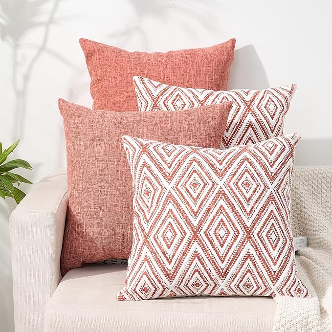 HPUK Decorative Throw Pillow Covers Set of 4 Geometric Design Linen Cushion Cover for Couch Sofa Living Room, 18"x18" inches, Coral