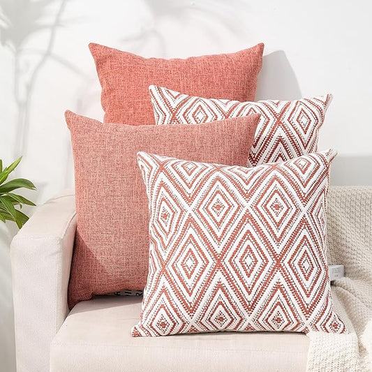 HPUK Decorative Throw Pillow Covers Set of 4 Geometric Design Linen Cushion Cover for Couch Sofa Living Room, 18"x18" inches, Coral