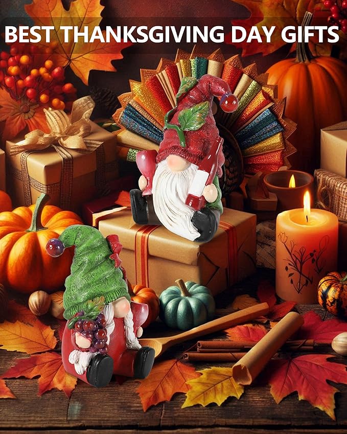 2-Pack Resin Fall Gnome Figurines with Red Wine & Grapes Theme, Whimsical Gnome Gifts Home Decor for Thanksgiving Table Decor Christmas Decorations Indoor Holiday Ornaments (Grape Gnomes)