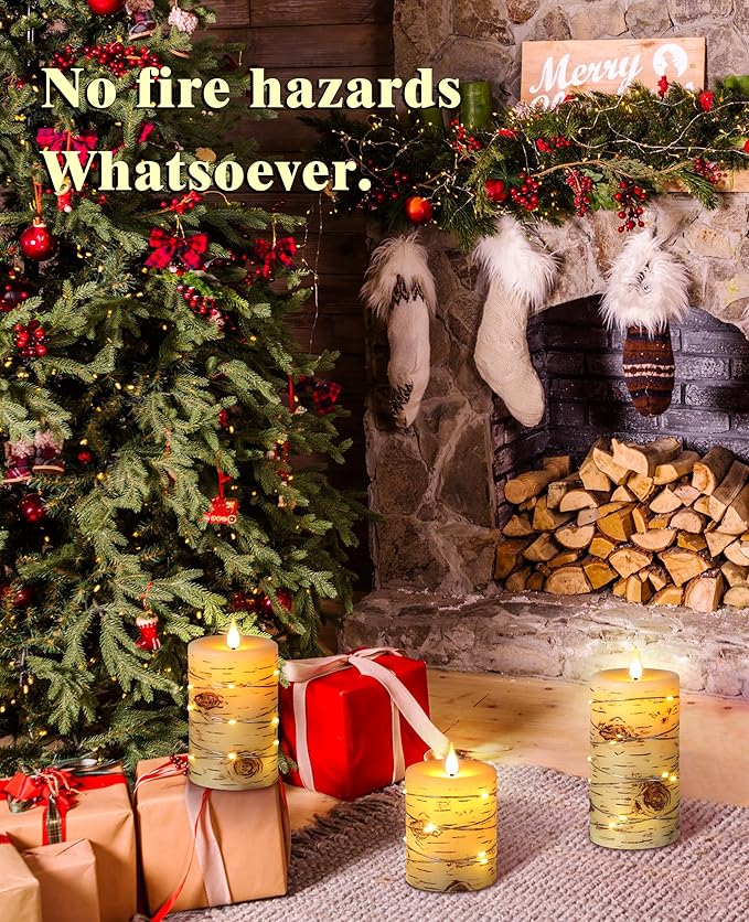 Flameless Candle LED Candles Hand Painted Birch Bark Effect Recessed Light String Candle Set of 3(H4,5,6") Ivory Real Wax Pillar Battery Operated Candles with Dancing LED Flame 10-Key Remote Control