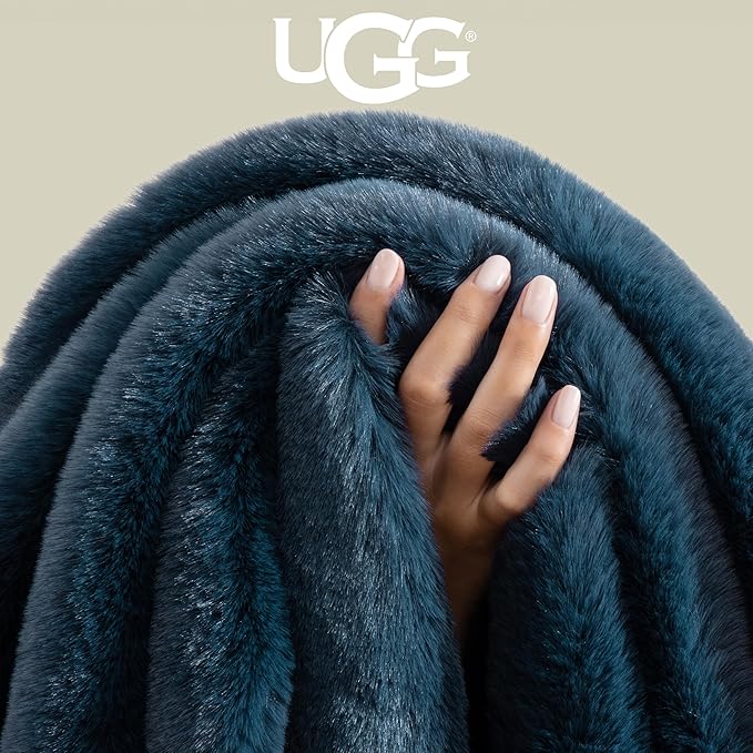 UGG Plush Faux Fur Throw Blanket Reversible Medium Weight Luxury Soft Throw Blankets for Bed or Chair, Hypoallergenic, Machine Washable, Home Decor, 50-inch x 70-inch, Indigo Navy Blue (Euphoria)