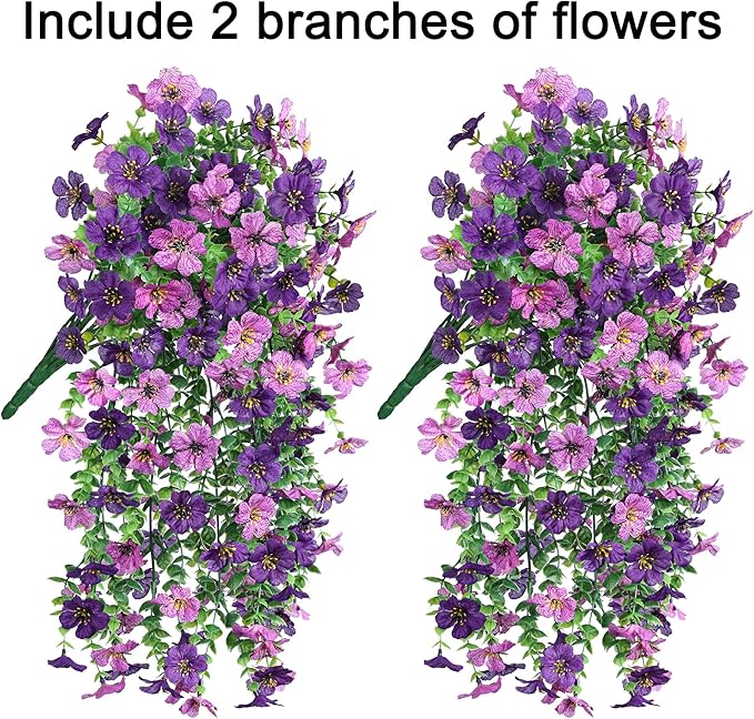 Artificial Faux Hanging Flowers Plants for Spring Outdoor Outside Decoration, 2 PCS Fake Silk Daisy with Eucalyptus UV Resistant Realistic Trailing Vines for Balcony Patio Porch (Darkpurple+Purple)