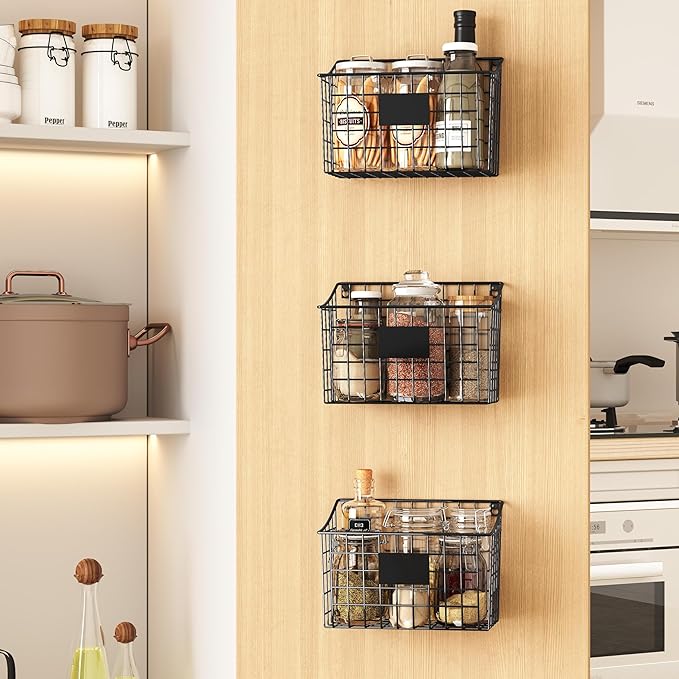 Wall Mounted Bin Basket with 5 Hooks 3 Label Plate Adhesive-3 Pack, Cabinet Hanging Metal Wire Basket,Rustic Farmhouse Decor, Storage Organization Shelf for Pantry Kitchen Bathroom 10.6*7.5*5.1inch