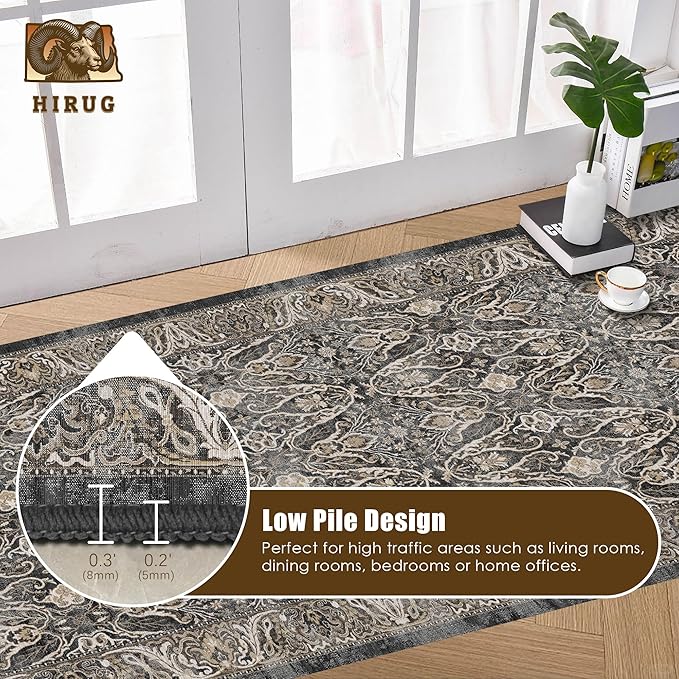 Washable Area Rug 2'6'' x 8' Vintage Traditional Persian Mat - Foldable Distressed Non-Slip Machine Washable Carpet for Living Room Bedroom Kitchen Home Decor - Ebony and Taupe