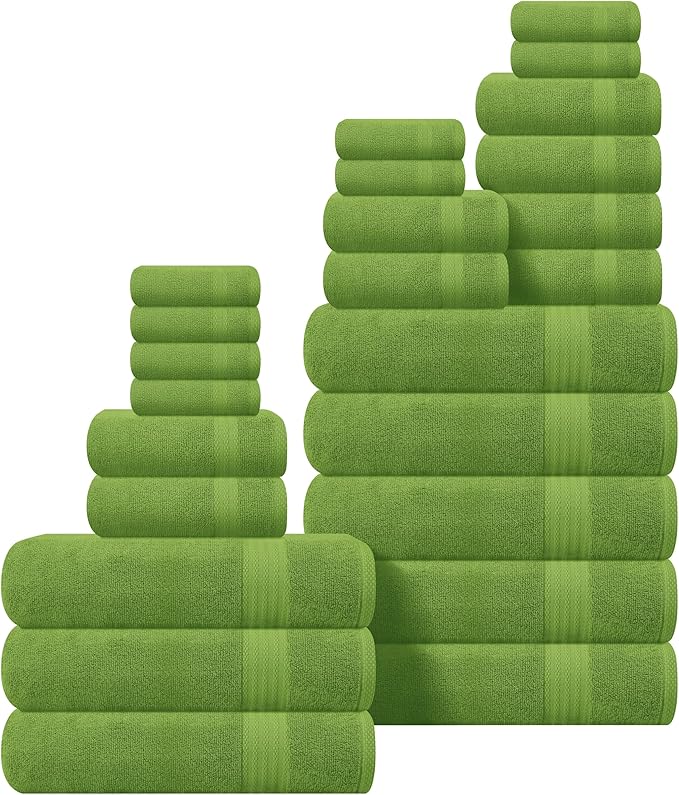 GLAMBURG Ultra Soft 24-Piece Towel Set - 100% Pure Ringspun Cotton, Contains 8 Oversized Bath Towels 27x54, 8 Hand Towels 16x28, 8 Wash Cloths 13x13 - Ideal for Everyday use, Hotel & Spa - Kiwi Green