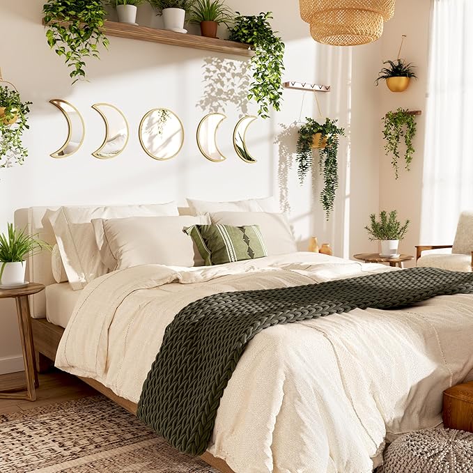 Stylish Moon Phase Wall Mirrors Set – 5-Piece Decorative Acrylic Bohemian Mirrors for Home Decor, Living Room & Bedroom Room(RAW)