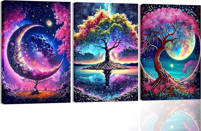 3PCS Tree of Life Wall Art Romantic Starry Night Landscape Canvas Posters Moon Pictures Modern Abstract Paintings Timeless Elegance Prints Vibrant Colors Wall Decor for Bedroom Living Room Framed
