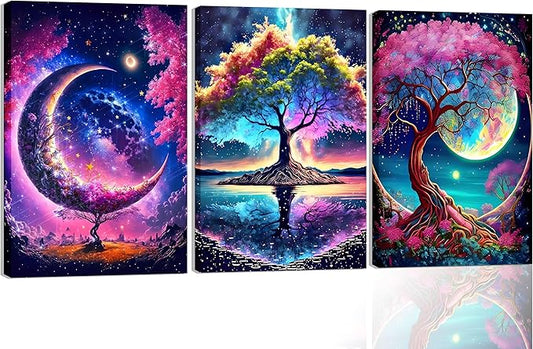 3PCS Tree of Life Wall Art Romantic Starry Night Landscape Canvas Posters Moon Pictures Modern Abstract Paintings Timeless Elegance Prints Vibrant Colors Wall Decor for Bedroom Living Room Framed