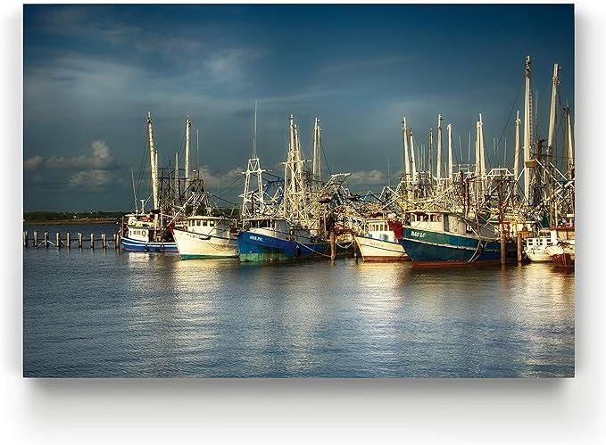Renditions Gallery Wall Hanging Art Pictures & Prints Shrimp Boats Docked in Pier Canvas Artwork for Bedroom Living Room Office Wall Decor - 18"X27" LT08