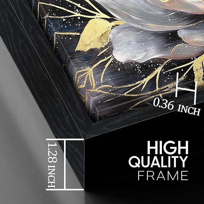 Gold and White Flower Canvas Wall Art for Living Room - Modern Hand Painted Flower Painting - Black Framed Wall Art for Bedroom Size 29" x 59"