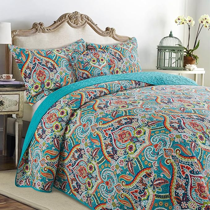 VAPUTAR Quilt King Bedding Set - Soft Cotton Quilts with Paisley Floral Pattern - Lightweight Reversible Bedspreads for Farmhouse (3 Pieces, Bright Teal)