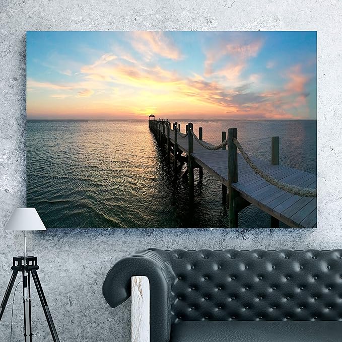 Renditions Gallery Canvas Nature Art Landscape View of Orange Sunset at Ocean Pier Wall Hanging Prints for Office Home Kitchen Decorations - 32"X48" LT08