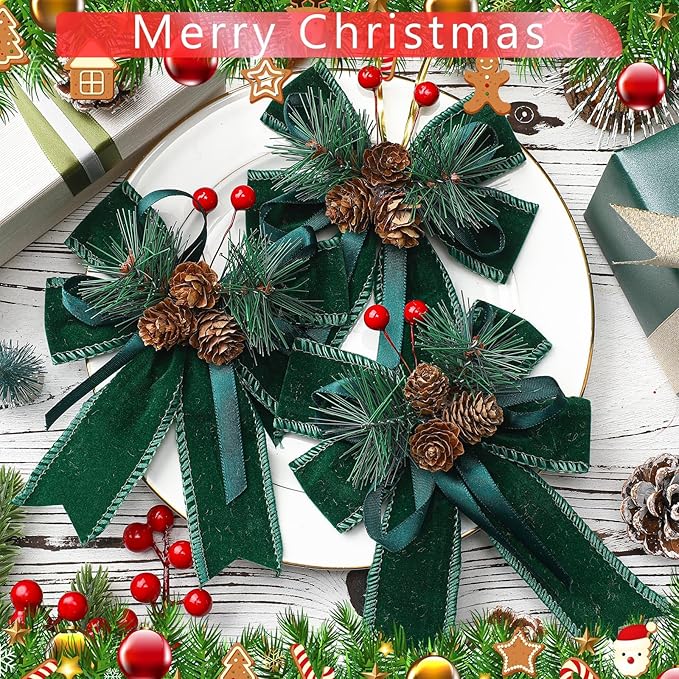 Syhood 6 Pcs Christmas Velvet Bow with Pine Cones Pine Needles Berries Xmas Dark Green Ribbon Bow Ornaments 6.3 x 5.1 Inch for Christmas Tree Wreath Garden Fireplace Crafts DIY Decor