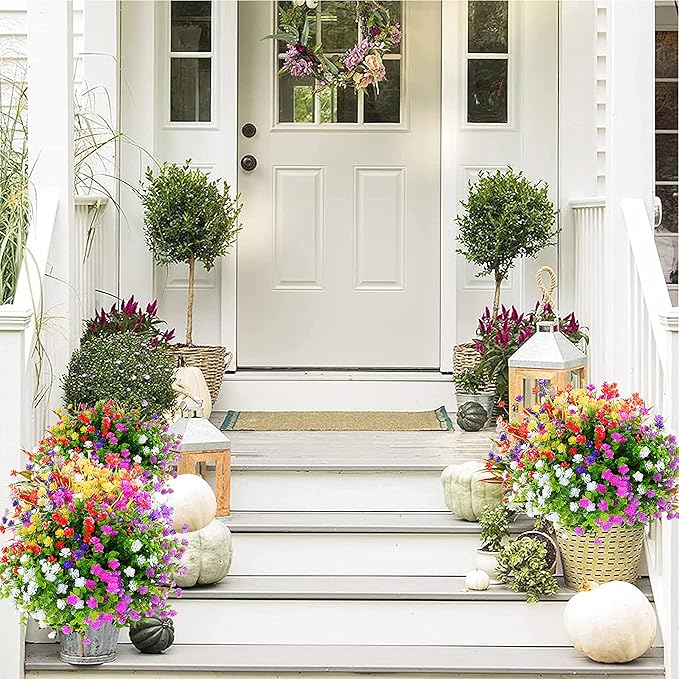 24 Bundles Artificial Flowers Outdoor Fake Mums Outdoor Plants Faux Flowers Bushes Bulk UV Resistant Plastic Greenery Decoration for Front Door Porch Outside Garden décor, 6 Colors
