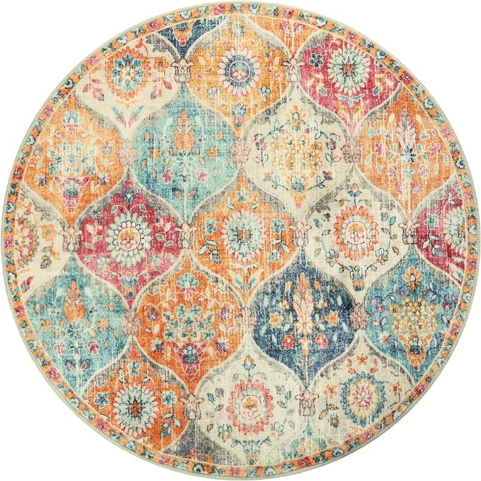 Lahome Moroccan Trellis Round Area Rugs, Washable Small Round Rug 3ft Non-Slip, Soft Vintage Ultra-Thin Circle Carpet for Bedroom Entryway Kitchen Laundry Bathroom, Cream/Multi