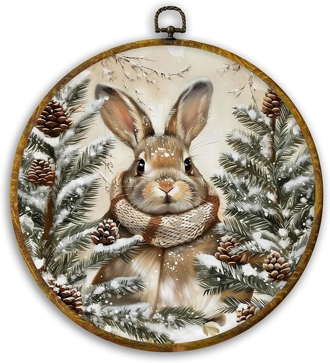 CUANFDDSF Vintage Boho Winter Bunny Round Wall Art Decor, Rustic Cottagecore Rabbit Pinecones Wall Hanging Frame Decor, Farmhouse Winter Bunny Canvas Prints Decorations for Home Bedroom, 10x10 Inch