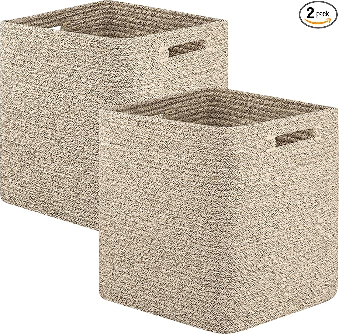 OIAHOMY Storage Cubes, 11 Inch Cube Organizer, Collapsible Storage Bins, Baskets for Organizing, Bins for Shelves-Brown, 2-PACK