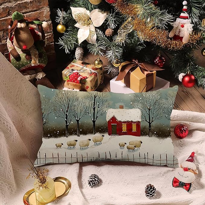 Christmas Pillow Covers - 12x20 Watercolor Snowflake Rustic Style Nature Forest Sheep Decorative Throw Pillows for Winter Decor