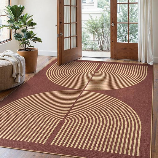 Lahome Modern Rainbow Easy Jute Outdoor Rug 5x7, Stain Resistant Red Dining Room Patio Rug, Farmhouse Non Slip Non Shedding Indoor Outdoor Carpet for Living Room Home Office Bedroom Deck Backyard