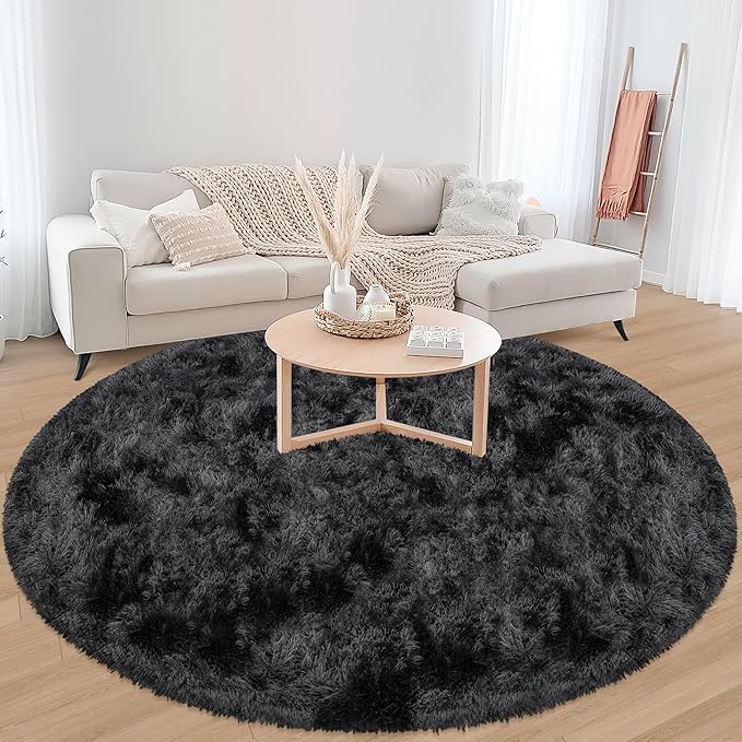 7x7 ft Tie Dye Black Round Rug for Bedroom Room Fluffy Circle Rug Furry Carpet Shaggy Circular Fuzzy Washable Non-Slip Large Area Rug Soft Indoor for Living Room Cute Aesthetic Home Decor
