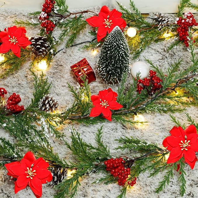 DR.DUDU 9 FT Pre-lit Artificial Christmas Garland with 30 LED Lights, Battery Powered with Pine Cones, Red Berries, Pine Needles, Lighted Christmas Wreath for Holiday Party, Xmas Tree Decorations