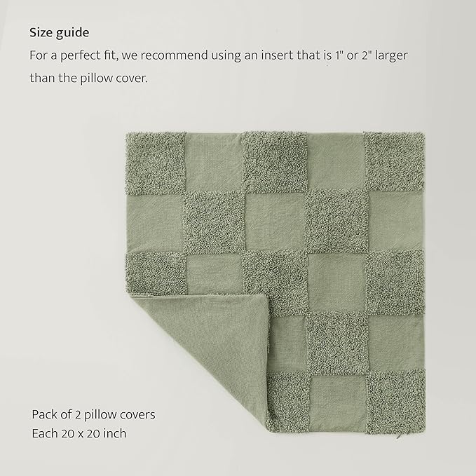 Double Stitch Checkered Throw Pillow Covers - 100% Cotton Set of 2 Tufted Boho Decorative Pillow Covers 20x20, Made in India, Square Cushion Case, Modern Home Decor for Couch, Sofa, Sage Green