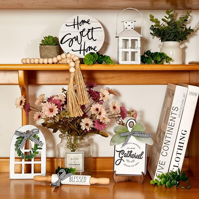 Houmury Set of 16 Farmhouse Tiered Tray Decor with 1 Lantern Artificial Plant& Cutting Board Sign for Rustic Home Kitchen Decor Tier Tray Decor Set (Tiered Tray Not Included)