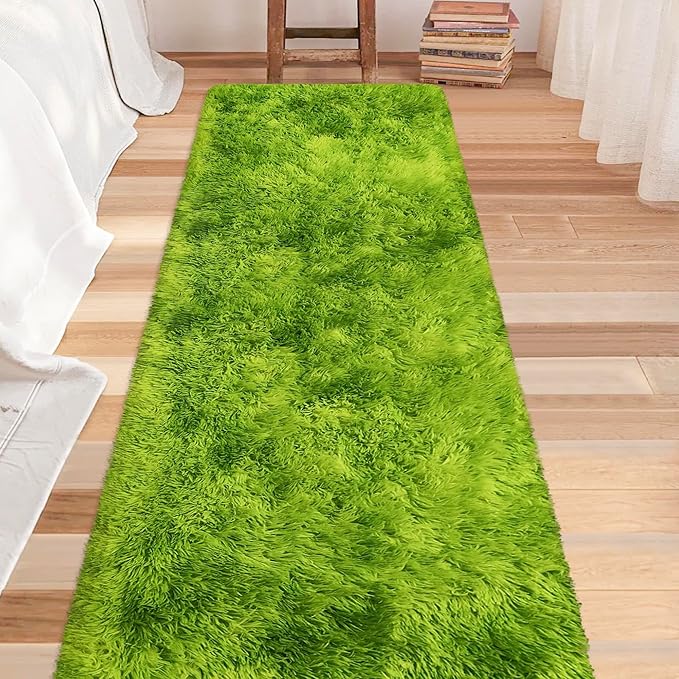 Tie-Dyed Runner Rug for Bedroom Green 2x8ft Fluffy Area Rug Bedside Runner Rug for Kids Room Boys Teens Nursery Baby Living Room Dorm Home Decor Carpets