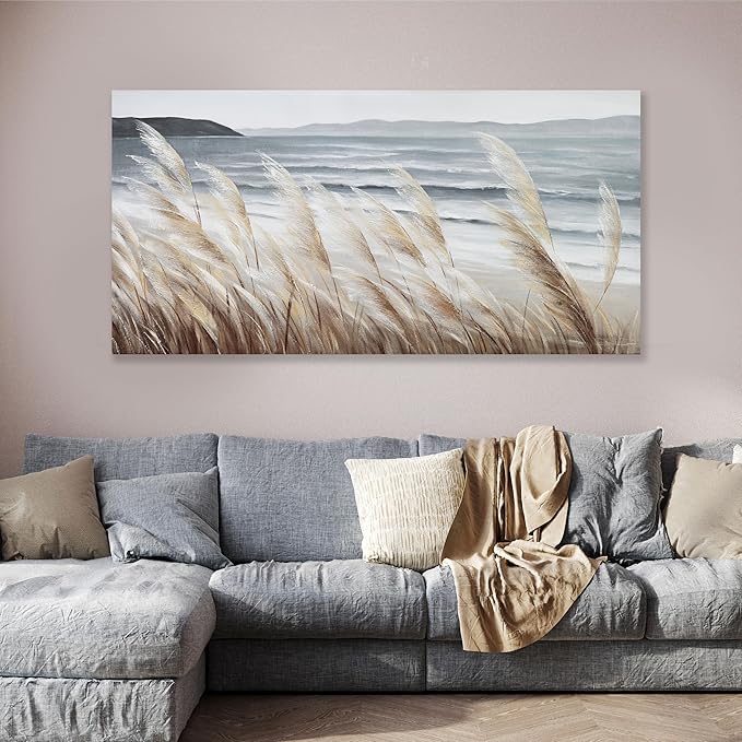 Plant Wall Art Nature Wall Art Reed Seascape Canvas Painting Wall Decor Framed Artwork for Bedroom Living Room Decoration Home Kitchen Office 24"x48"