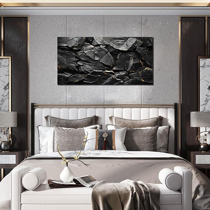 Black Stone with Golden Veins Canvas Wall Art for Living Room, Smooth Flat Rocks Picture Wall-Decor for Bedroom, Canvas Printed Artwork Decoration for Office, Size 40x20 Inches (Not 3D or Textured)
