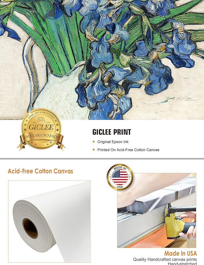 DECORARTS - Vase with Irises 1889, Vincent Van Gogh Art Reproduction. Giclee Print on Canvas. Wall Art for Home. 40x32