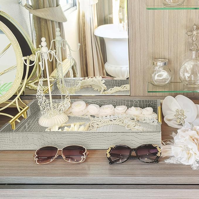 17" x 12" Wood Serving Tray with Gold Polished Metal Handles, Home Decorative Wooden Rectangle Ottoman Leather Decor Platter Bathroom Vanity Tray for All Occasions Alligator Silvery