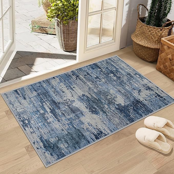 Machine Washable Area Rugs 2x3: Small Entryway Rug with Non Slip Backing Non Shedding Stain Resistant Abstract Carpet for Living Room Bedroom Kitchen Laundry Under Dining Table - Beige/Blue