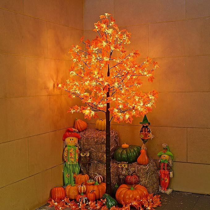 Lightshare 7FT LED Lighted Maple Tree - Dotted with 208 Warm White LED Lights Orange for Thanksgiving Harvest Fall Festival Home Party Decoration