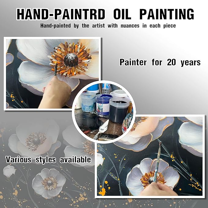 CIRABKY Gold and White Flower Hand Painted Wall Art for Bedroom - Black and White Art Pictures for Wall in Living Room - Big Picture Frames for Wall Size 29" x 59"