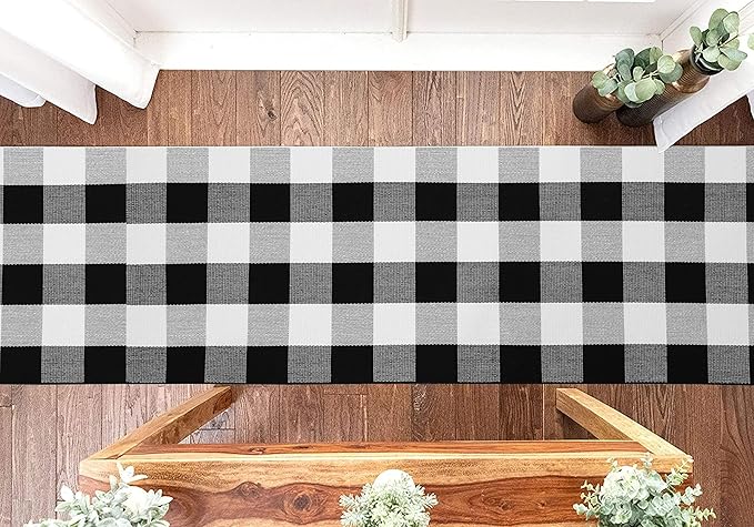 KOZYFLY Buffalo Plaid Rug 2x8 Ft Black and White Runners for Hallways Washable Checkered Rug Cotton Kitchen Runner Carpet Runner Rugs for Entryway Bedroom Living Room Farmhouse Runner Rug