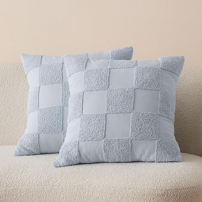 Double Stitch Checkered Throw Pillow Covers - 100% Cotton Set of 2 Tufted Boho Decorative Pillow Covers 20x20, Made in India, Square Cushion Case, Modern Home Decor for Couch, Sofa, Arctic Blue