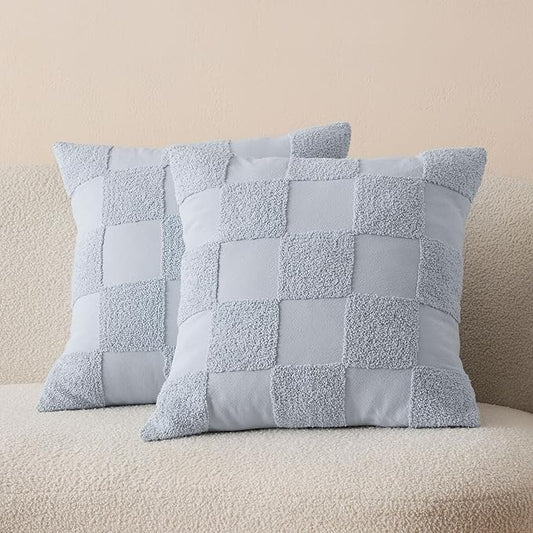 Double Stitch Checkered Throw Pillow Covers - 100% Cotton Set of 2 Tufted Boho Decorative Pillow Covers 20x20, Made in India, Square Cushion Case, Modern Home Decor for Couch, Sofa, Arctic Blue