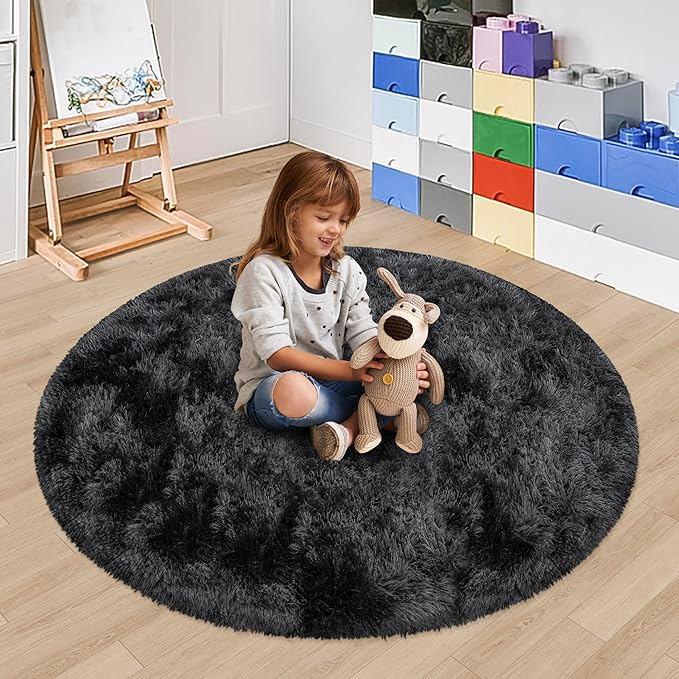 4x4 ft Tie Dye Black Round Rug for Bedroom Room Fluffy Circle Rug Furry Carpet Shaggy Circular Fuzzy Washable Non-Slip Large Area Rug Soft Indoor for Living Room Cute Aesthetic Home Decor
