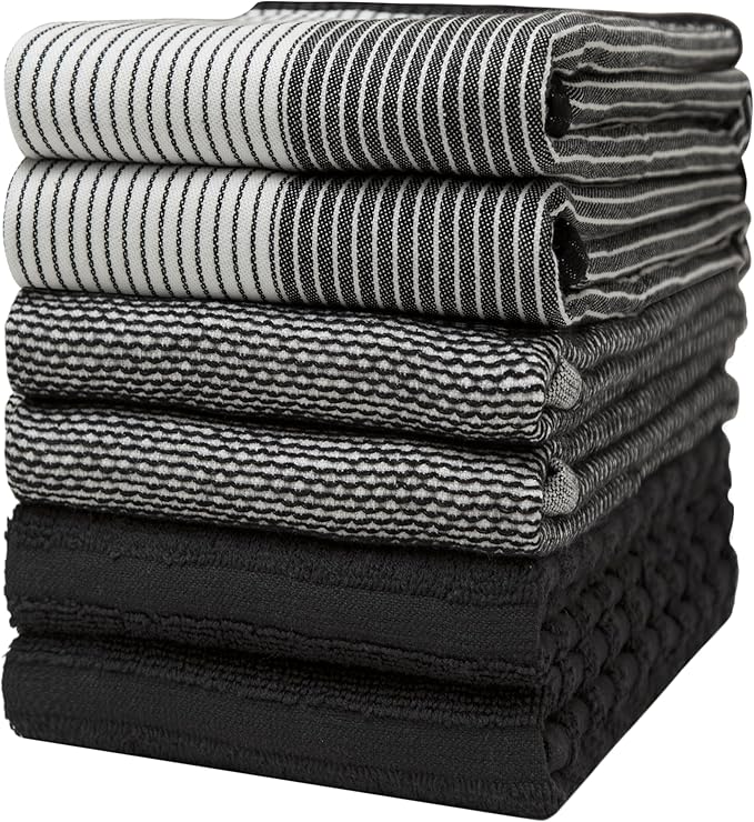 Premium Large Cotton Kitchen Hand & Dish Towels (20”x 28”, 6 Pack) - Highly Absorbent Flat & Terry Towels with Hanging Loop - Black
