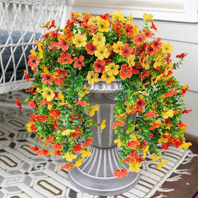 Artificial Flowers for Outdoors Decoration, 2Pcs Fake Hanging Spring Decor, Yellow and Orange Realistic Plants, UV & Fading Resistant Silk Flower for Porch Patio Balcony Planter Yard
