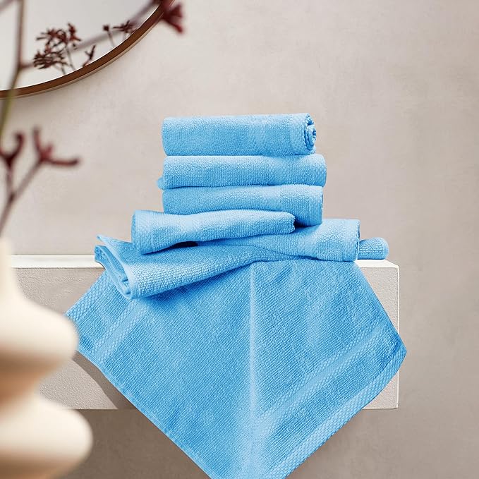 GLAMBURG Ultra Soft 12-Piece Washcloths Set 13x13-100% Ringspun Cotton - Durable & Highly Absorbent Face Towels - Ideal for use in Bathroom, Kitchen, Gym, Spa & General Cleaning - Sky Blue