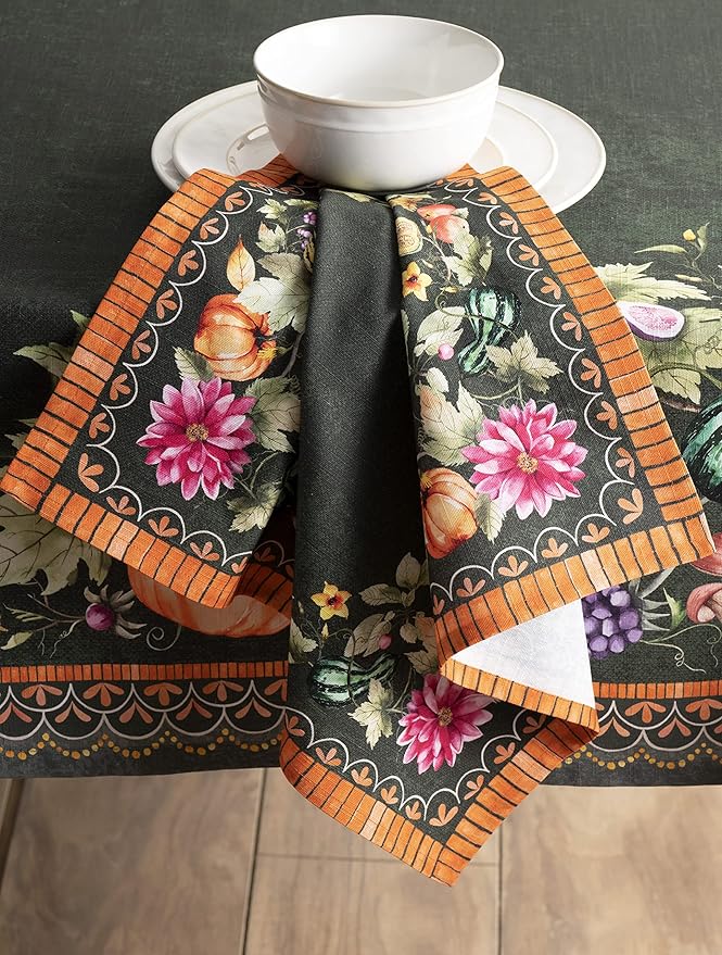 Maison d' Hermine Cloth Napkins Set of 4 100% Cotton Everyday Reusable Square Napkins Cloth Washable, Dinner, Party, Wedding, Restaurant (Pumpkin Garden - Dark Green, 20" x 20")