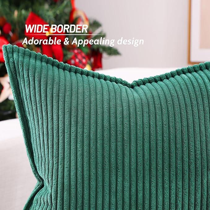 Mecatny Corduroy Throw Pillow Covers 20x20 Set of 2, Neutral Decorative Soft Boho Couch Pillow Covers with Broadside for Sofa Living Room, Green
